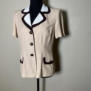 Vintage Contrast Trim Short Sleeve Blazer Brown and Beige